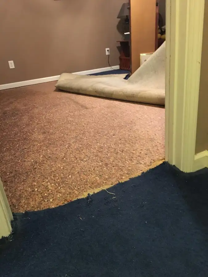 Carpet pad removal revealing water damage during Drying & Dehumidification in Loganville
